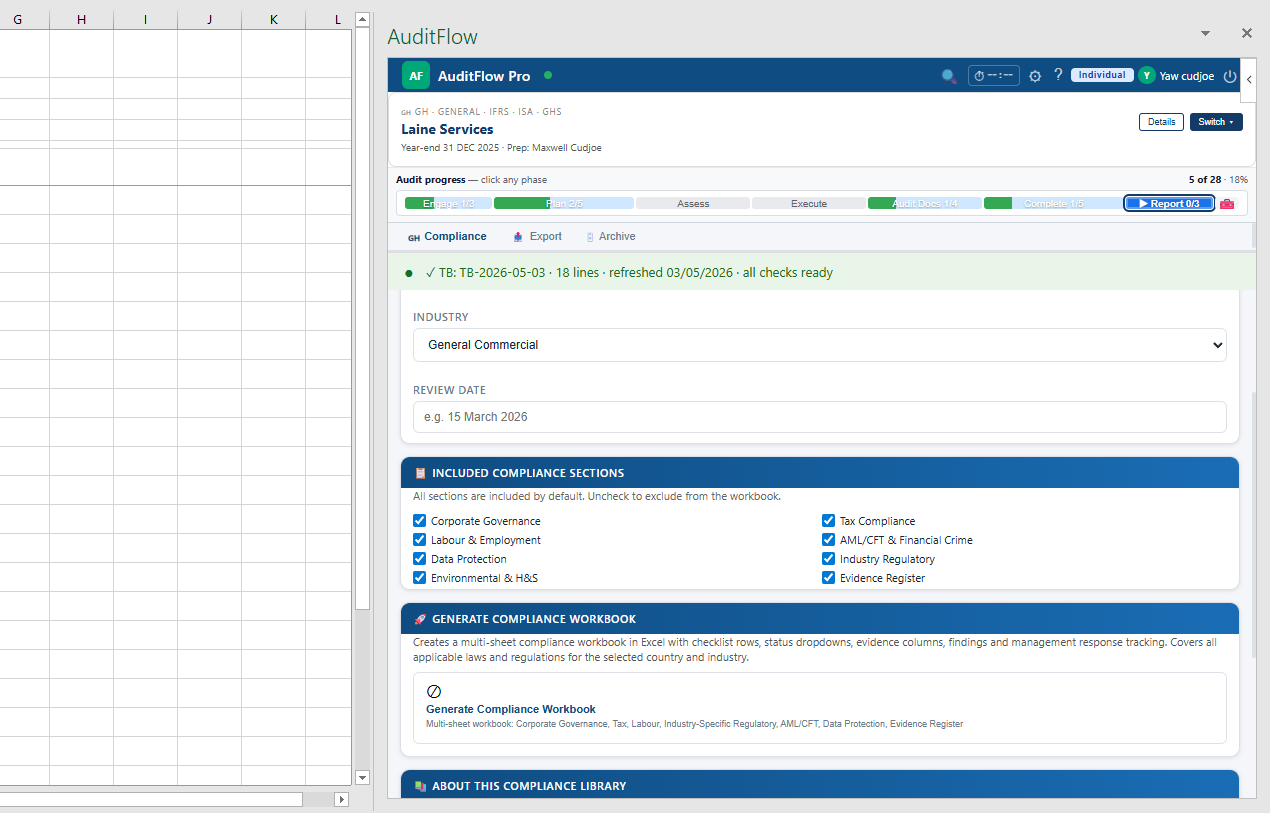 AuditFlow Compliance tab — industry selector, included compliance sections (Corporate Governance, Tax, Labour, AML/CFT, Data Protection, Environmental & H&S, Industry Regulatory, Evidence Register), and the Generate Compliance Workbook action