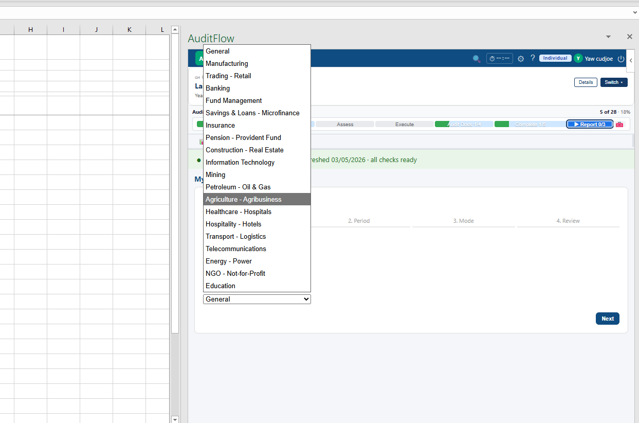 AuditFlow Industry dropdown listing General, Manufacturing, Trading - Retail, Banking, Fund Management, Microfinance, Insurance, Pensions, Construction, IT, Mining, Oil & Gas, Agriculture, Healthcare, Hospitality, Transport, Telecoms, Energy, NGO, and Education